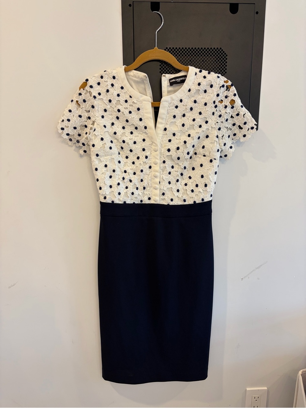 Karl Lagerfeld Navy and White Lace Polka-Dot Sheath Dress